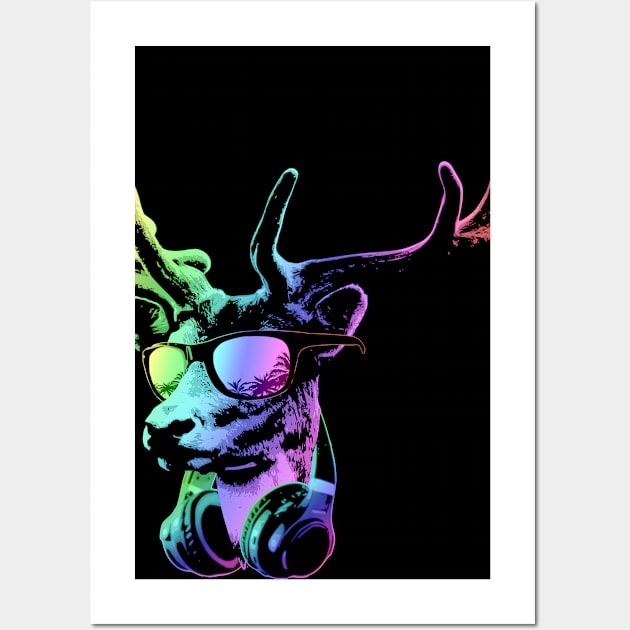 Deer DJ Neon Cool and Funny Music Animal With Sunglasses And Headphones. Wall Art by Nerd_art